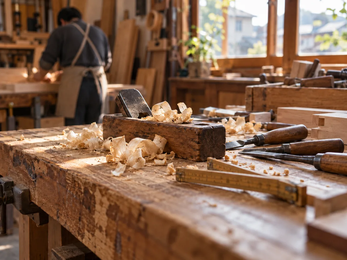 職人の作業台と道具、奥で作業する職人