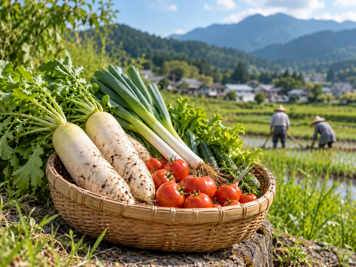 山あいの畑で収穫した野菜のかごと、奥で農作業をする夫婦
